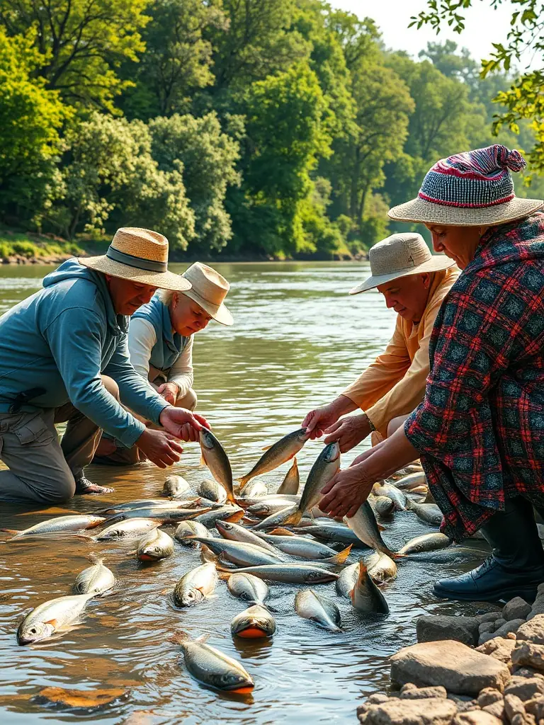 Anglers participating in a catch-and-release demonstration, guided by ASSOCIATION CANTAL FISH instructors, emphasizing sustainable fishing practices.