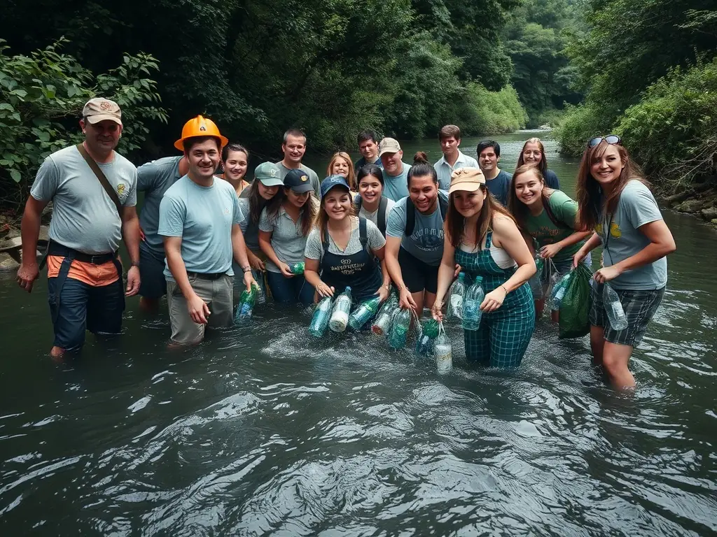 A vibrant image of volunteers participating in a river cleanup, removing debris and ensuring a healthy aquatic environment for fish and other wildlife.