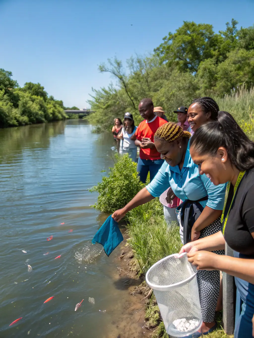 A photo of ASSOCIATION CANTAL FISH members stocking a local lake with native fish species, enhancing biodiversity and fishing opportunities.
