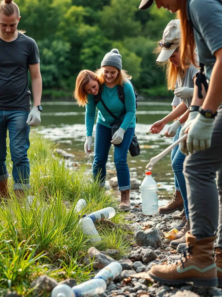 A group of volunteers participating in a river cleanup, removing trash and debris from the riverbank, showcasing ASSOCIATION CANTAL FISH's commitment to environmental stewardship.