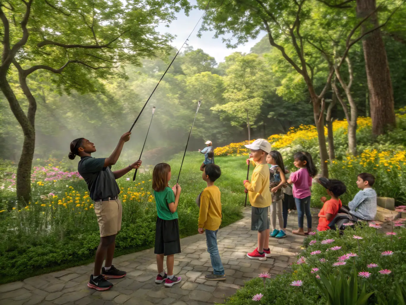 A photograph of children participating in a fishing workshop, learning about responsible angling techniques and the importance of conservation.